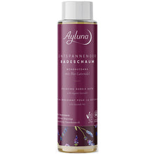 Ayluuna Relaxing Bubble Bath with organic lavender in a clear plastic bottle with a scre top lid.