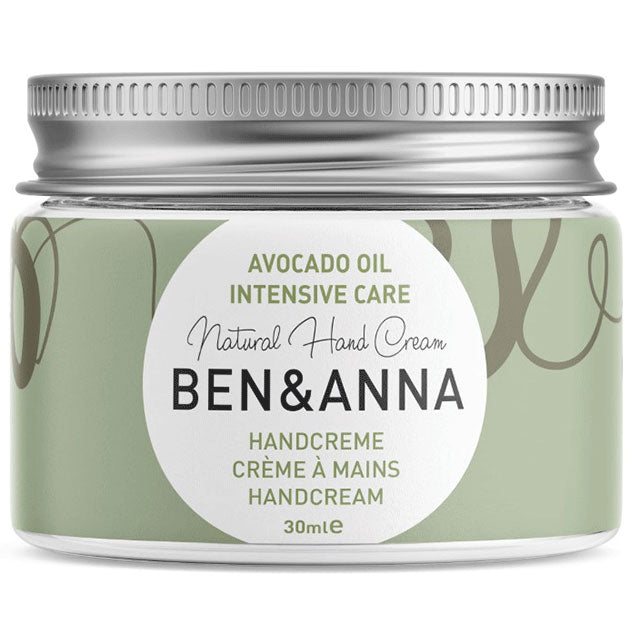 Ben and Anna Avocado Oil Intesive Care Hand Cream in a glass jar with a pale green label and a screw top lid.