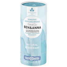 Ben and Anna Sensitive Highland Breeze Natural Deodorant in a pale blue cardboard tube 