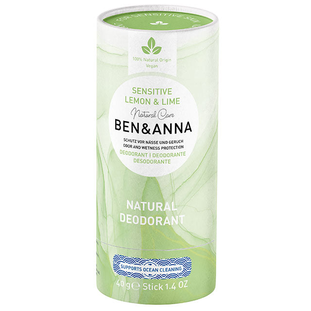 Ben and Anna Sensitive Deodorant Lemon and Lime in a pale green cardboard tube 