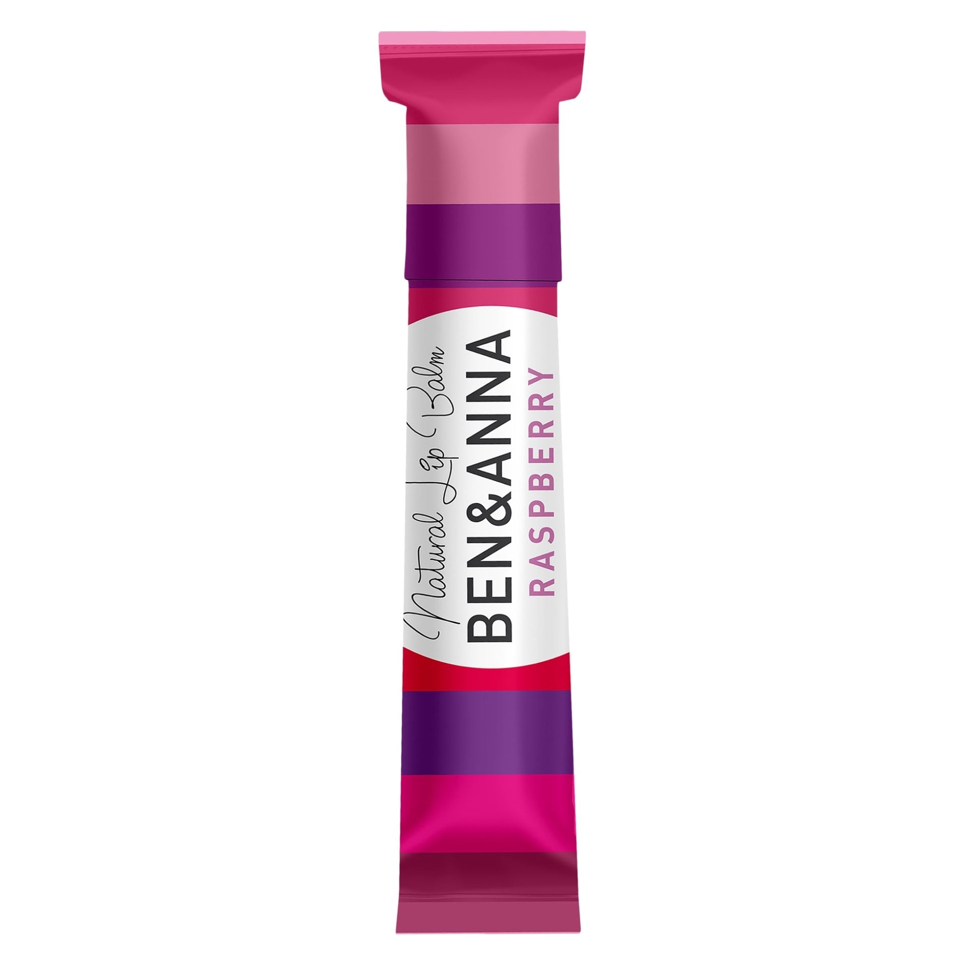A single stick of Ben & Anna Natural Lip Balm Raspberry, shown vertically on a plain white background. The packaging features a white centered label with black and pink text, vibrant pink and purple bands.