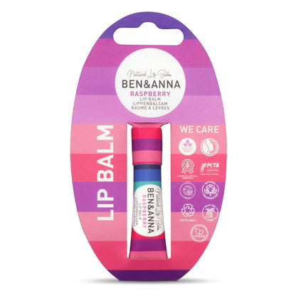 Ben & Anna Raspberry lip balm in its original retail blister packaging, featuring a pink and purple striped design with product details and certification icons.
