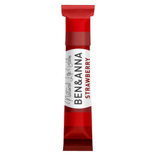 A single tube of Ben & Anna Strawberry Natural Li[p Balm, featuring a red and white design with a red cap, centered on a plain white background.