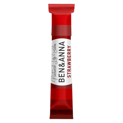 A single tube of Ben & Anna Strawberry Natural Li[p Balm, featuring a red and white design with a red cap, centered on a plain white background.