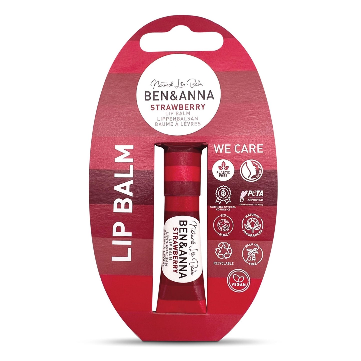 Ben & Anna Strawberry lip balm in a red and white squeeze paper tube, packaged in a red hanging blister card with product details and icons.