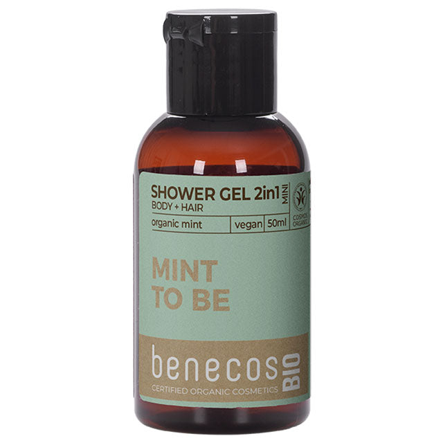 Mini  Benecos Bio Shower Gel 2 in 1 for Body and Hair Organic Mint - Mint to be in a small brown plastic bottle 