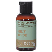 Mini  Benecos Bio Shower Gel 2 in 1 for Body and Hair Organic Mint - Mint to be in a small brown plastic bottle 