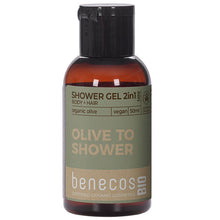 Mini Size of Benecos Bio Shower Gel 2 in 1 Body and Hair with Organic Olive - Olive to Shower in a small brown plastic bottle 