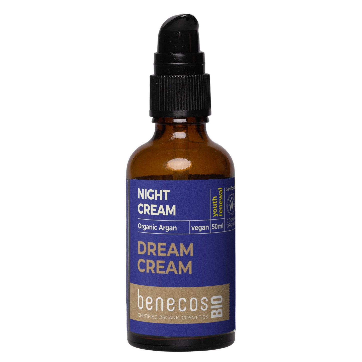A 50ml amber glass bottle of Benecos Night Cream Dream Cream with a black dropper cap and a blue label, shown on a plain white background.