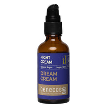A 50ml amber glass bottle of Benecos Night Cream Dream Cream with a black dropper cap and a blue label, shown on a plain white background.