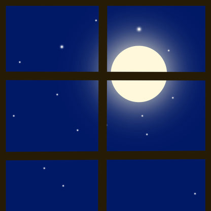 graphic of night time window showing dark blue sky with full moon and stars.