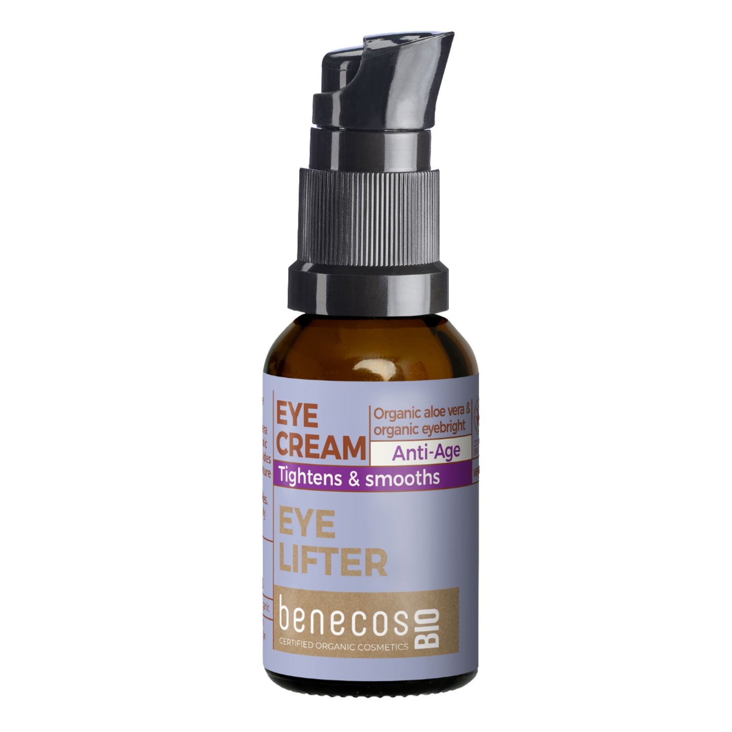 A bottle of benecos Bio Eye Cream with a black pump dispenser and an amber glass bottle, featuring a lavender label with gold and purple text.
