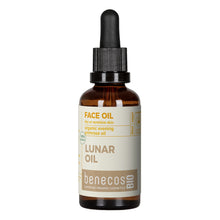 A 50ml amber glass dropper bottle of benecos BIO Organic Evening Primrose "Lunar Oil" Face Oil on a solid white background.
