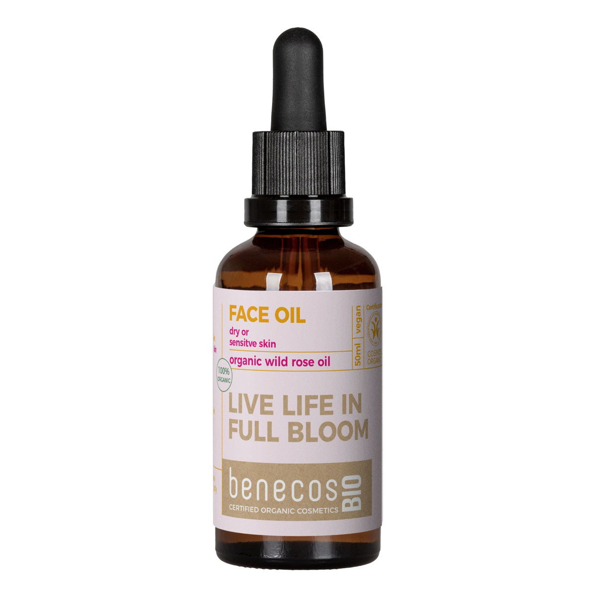 A bottle of Benecos Bio Organic Wild Rose Face Oil on a plain white background. The product is in an amber glass bottle with a black dropper cap and a cream-coloured label featuring brown and pink text.
