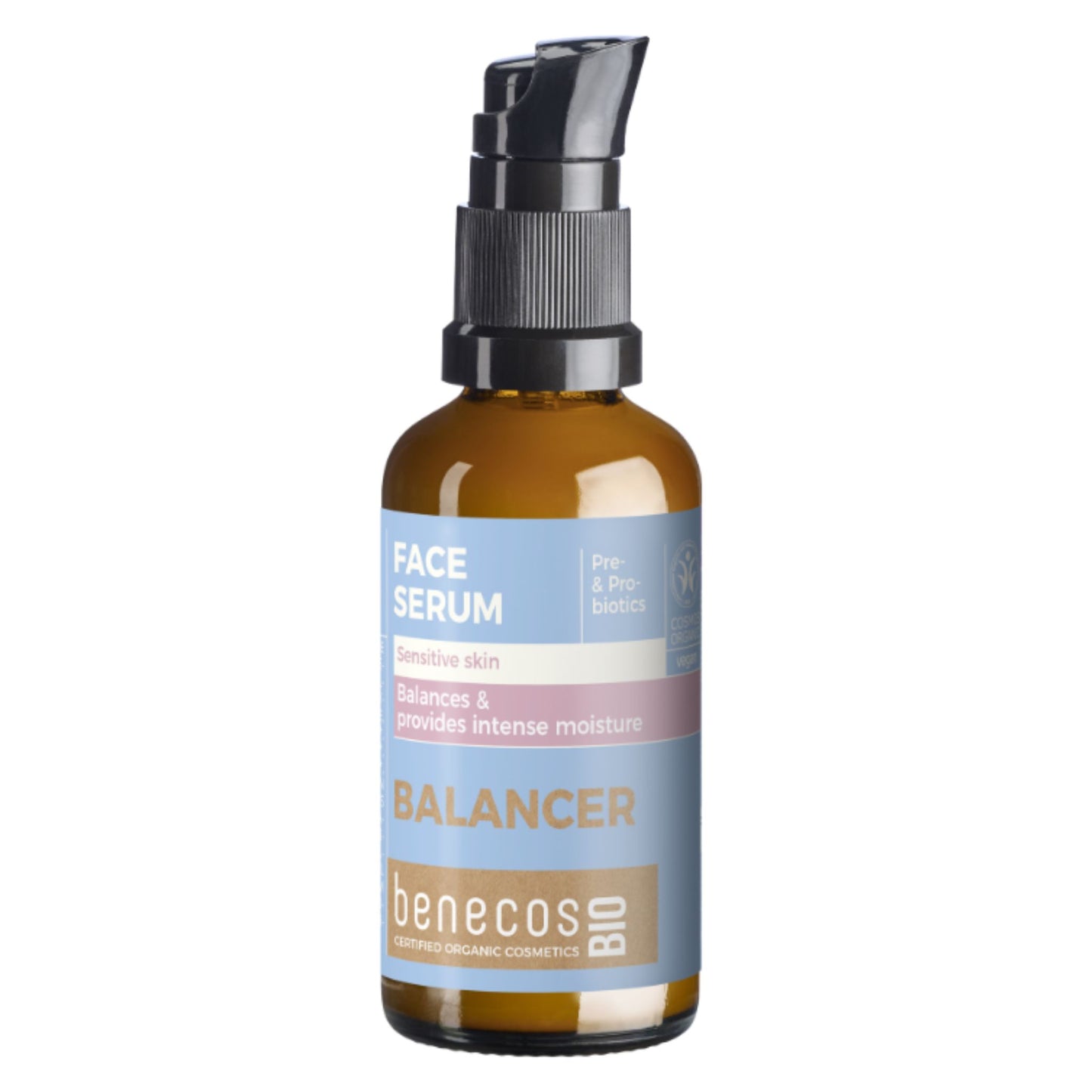 A bottle of Benecos Bio Face Serum for sensitive skin, featuring an amber glass bottle with a black pump dispenser and a light blue label.