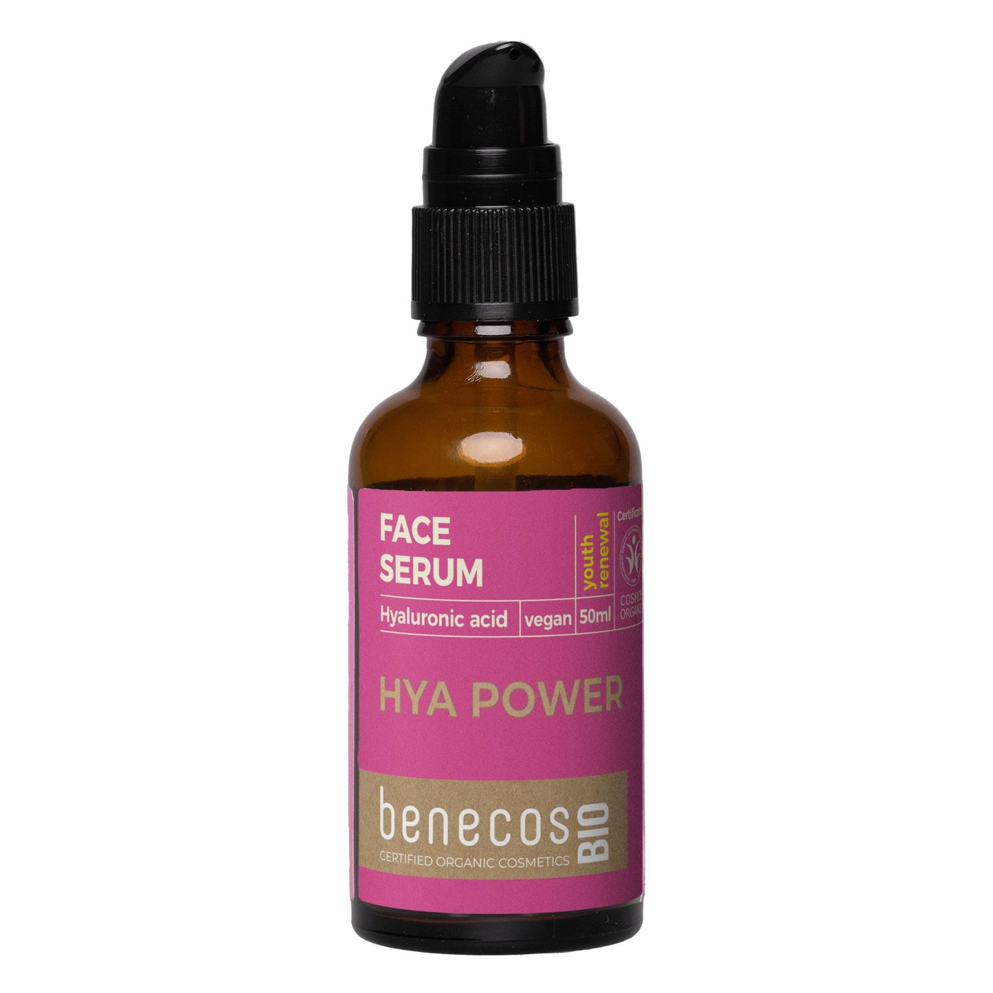 A amber glass bottle of benecos BIO Face Serum with a black pump dispenser and a pink label, set against a plain white background.