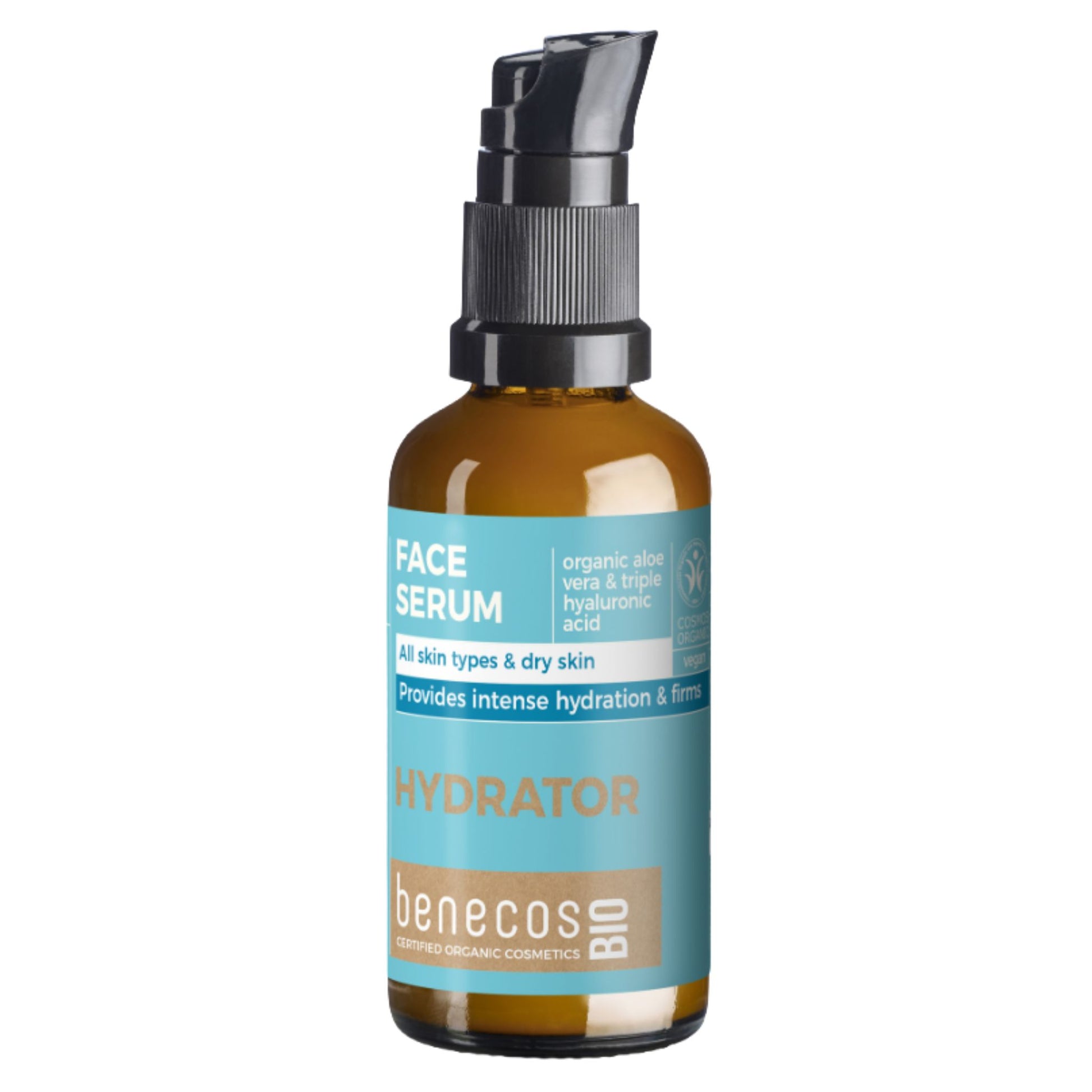 A bottle of Benecos Bio Hydrator Face Serum in an amber glass bottle with a black pump dispenser and a light blue label.