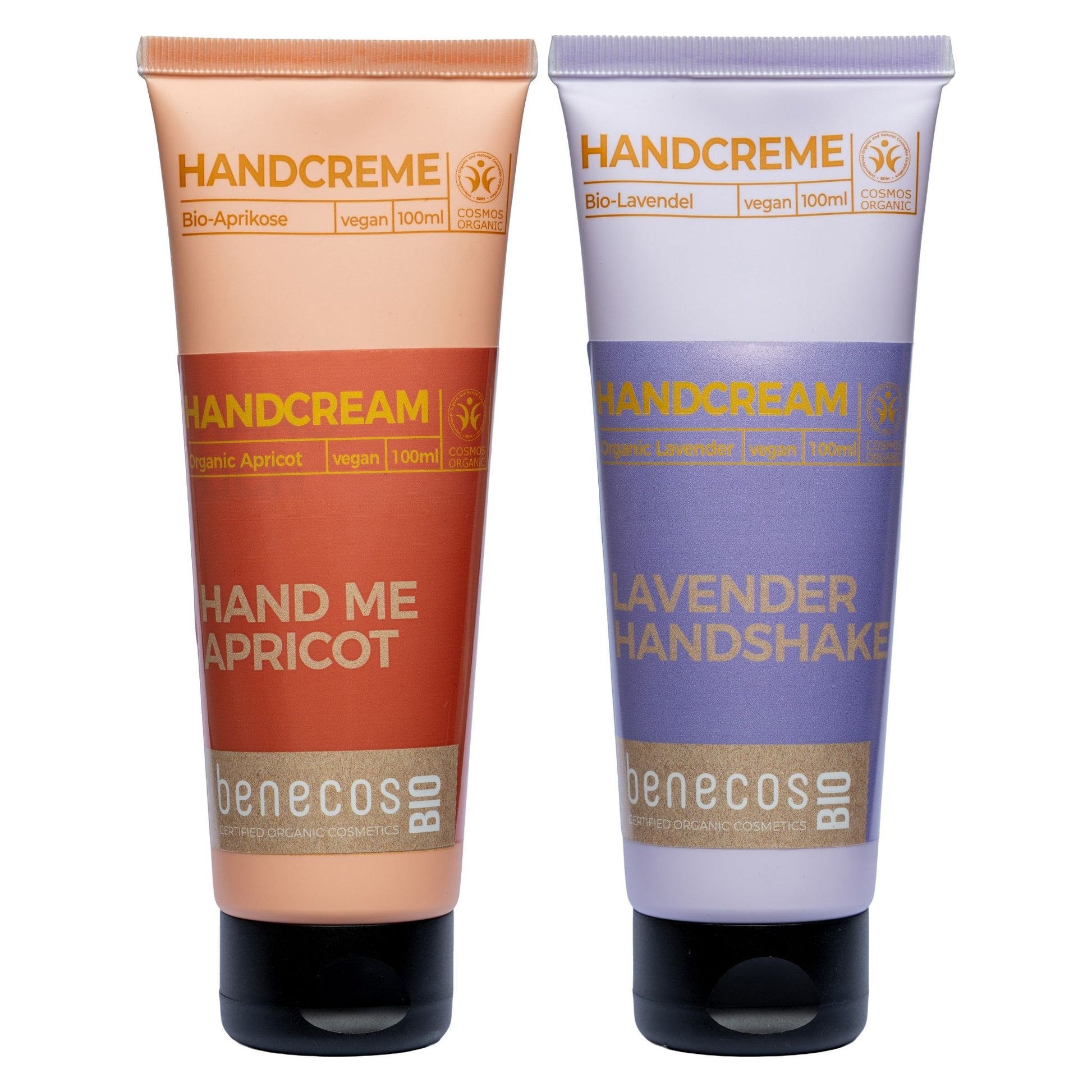 Two Benecos hand cream tubes, one apricot and one lavender, on a white background.