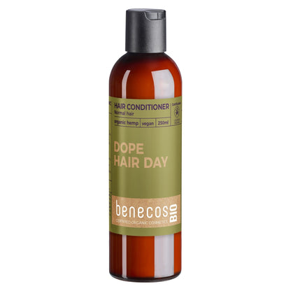 Benecos BIO hair conditioner for normal hair, organic hemp vegan in brown plastic bottle