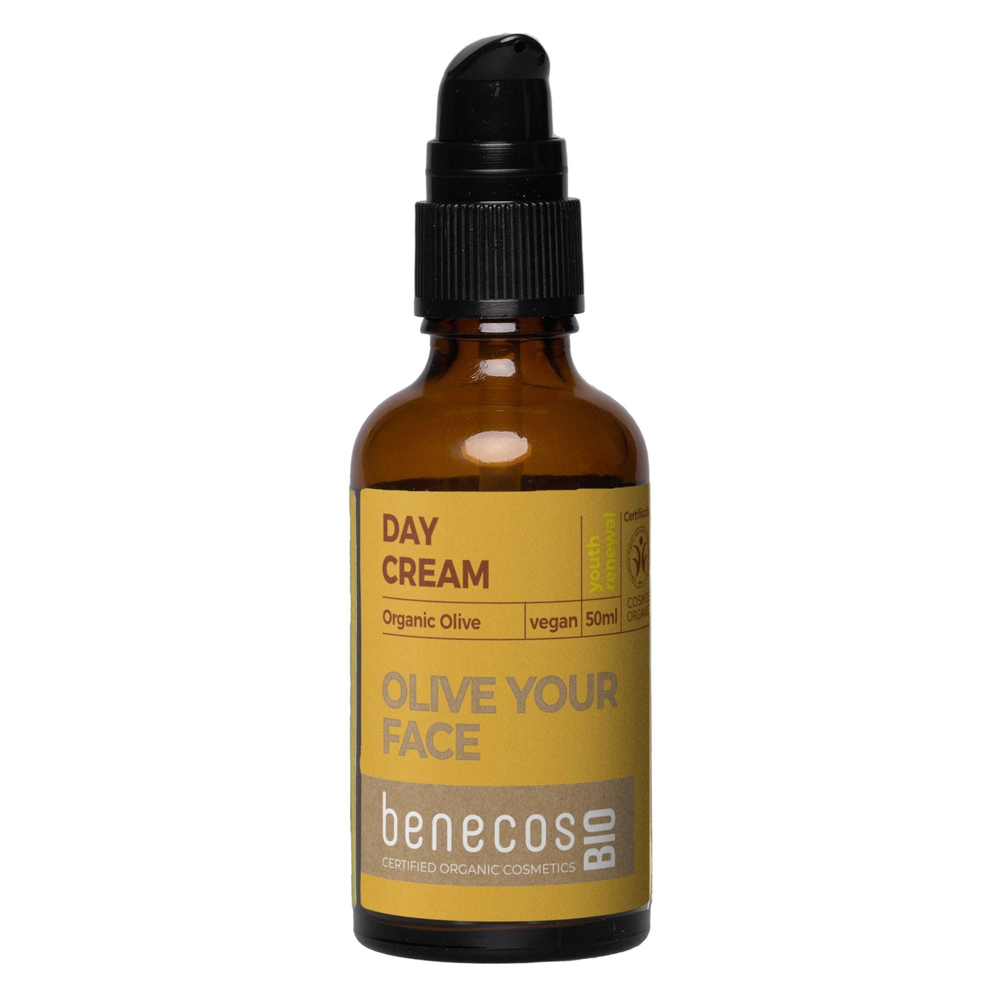 A 50ml amber glass bottle of benecos BIO Day Cream with a black dropper cap and a mustard yellow label, set against a plain white background.
