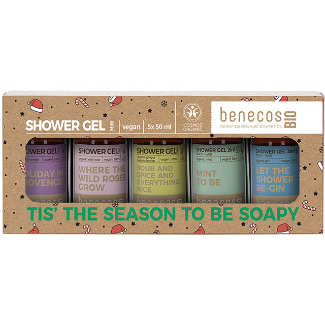 Benecos Bio Tis The Season To Be Soapy Shower Gel Gift Set 5 mini bottles in a brown cardboard box on a white background