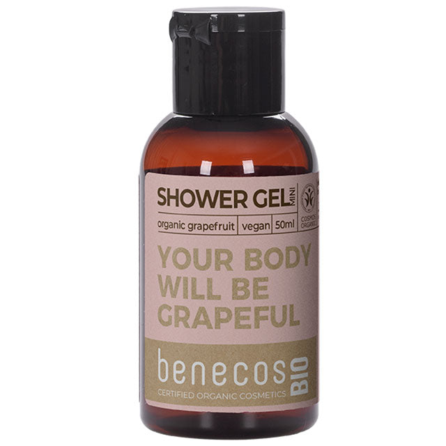 Mini travel size of Benecos Bio Shower Gel Organic Grapefruit - Your body will be grapeful in a brown plastic bottle 