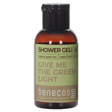 Mini Travel Size of Benecos Bio Shower Gel with Organic Green Tea - Give me the green light in a Mini brown plastic bottle 