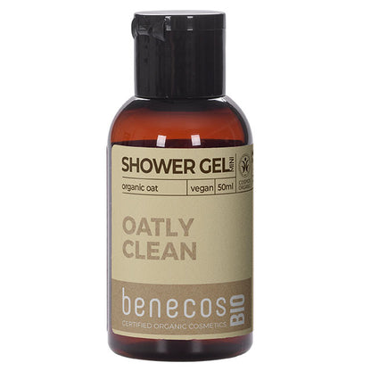 Mini Travel Size of Benecos Bio Shower Gel  with Organic Oats - Oatly Clean in a  mini brown plastic bottle 