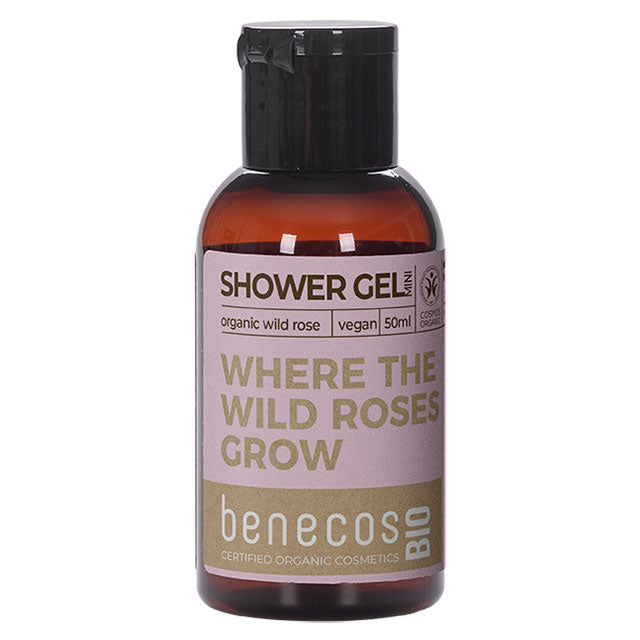 Benecos Bio Shower Gel with organic Wild Rose, where the wild roses grow in a samll brown plastic bottle 