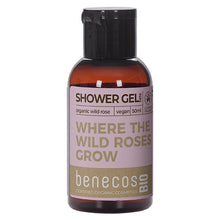 Benecos Bio Shower Gel with organic Wild Rose, where the wild roses grow in a samll brown plastic bottle 