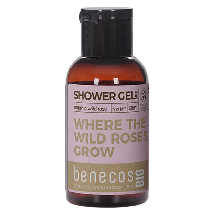 Benecos Bio Shower Gel with organic Wild Rose, where the wild roses grow in a samll brown plastic bottle 
