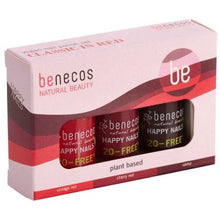benecos classic in red nail polish set in pink box, containing vintage red, cherry red and vamp natural nail polish.