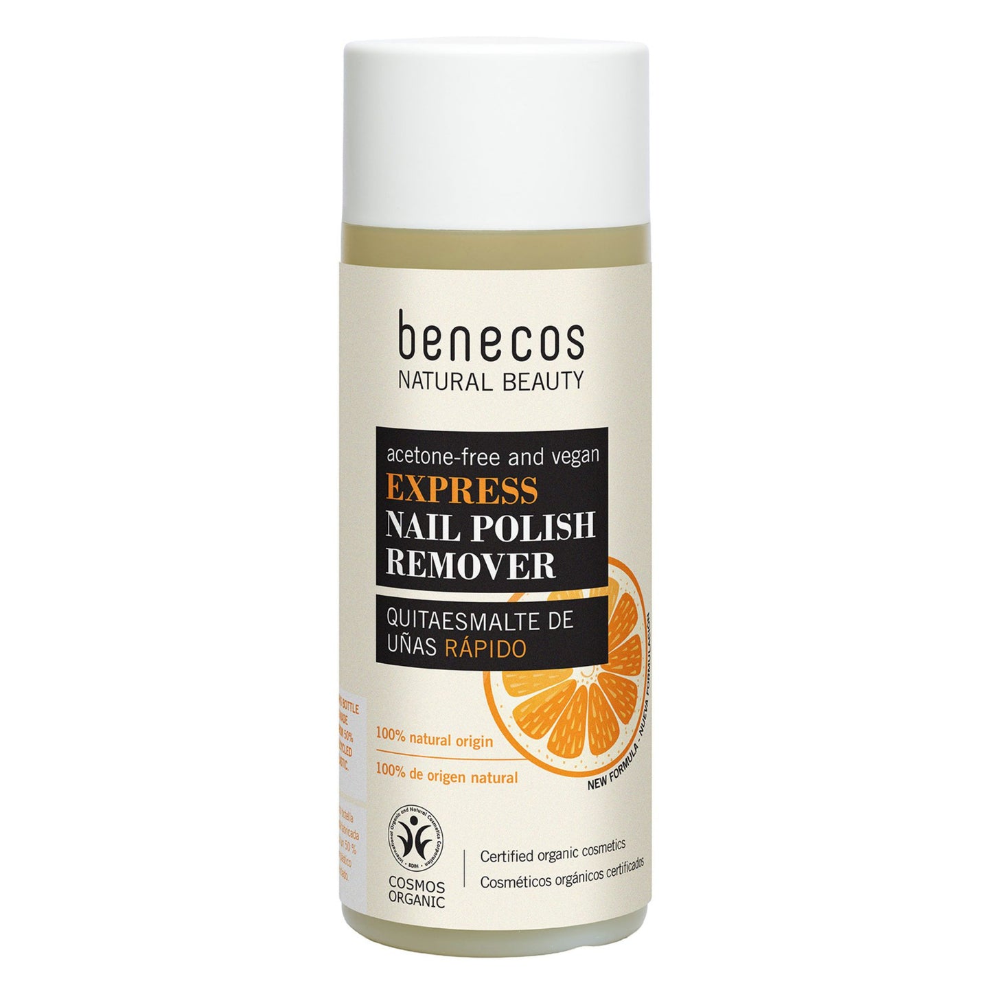 Benecos natural beauty, organic express nail polish remover bottle on white background
