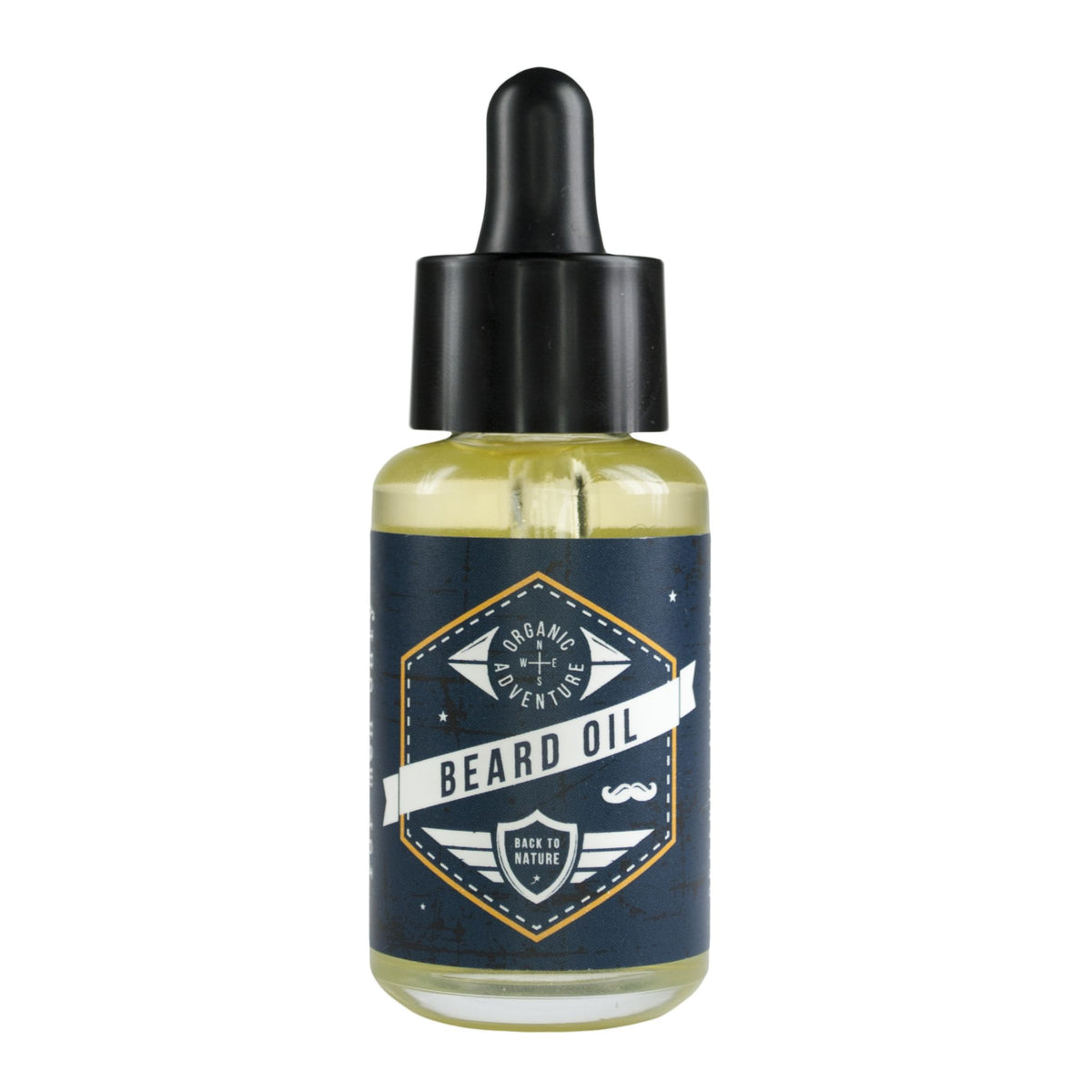 A small glass bottle of benecos beard oil with a black dropper cap and a navy label reading 'Beard Oil'.