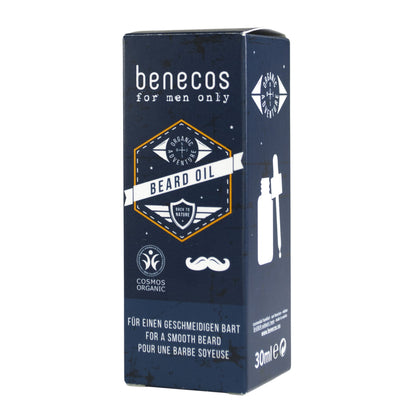 A 30ml box of Benecos For Men Only Beard Oil, featuring a dark navy blue packaging design with white and gold text and graphics.