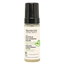Benecos Gentle Cleansing Foam is in a spray bottle with a black lid with an illustration of aloe vera on a white background