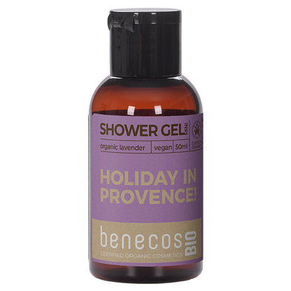 Benecos Bio Shower Gel with organic lavender Holiday in Provence Mini Trial Size in a brown plastic bottle 