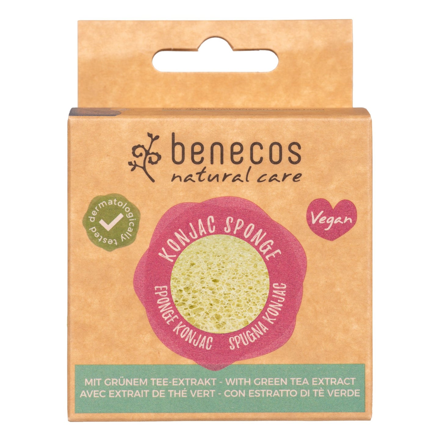 Benecos Konjac Sponge Green Tea is in a biodegradable box on a white background.