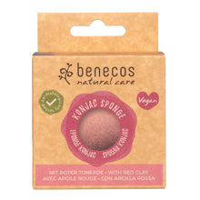 Benecos Natural Care Konjac Sponge in Red Clay, shown in its original kraft paper packaging with a hanger tab.