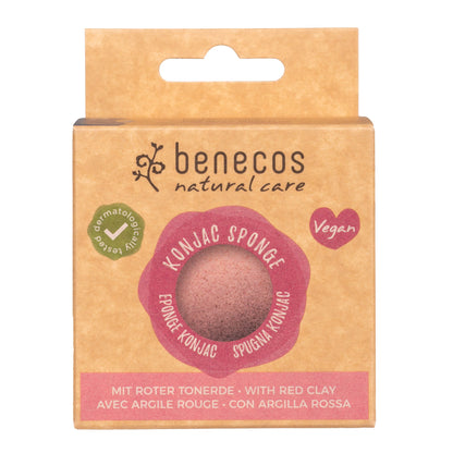 Benecos Natural Care Konjac Sponge in Red Clay, shown in its original kraft paper packaging with a hanger tab.