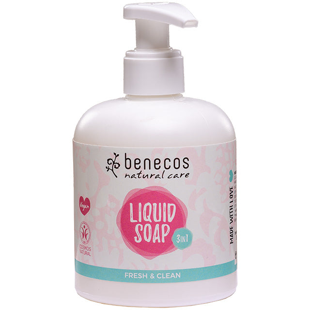 Benecos Natural Care Liquid Soap 3 in 1  Fresh and Clean for face, hands and body.  In a plastic bottle with pump lid