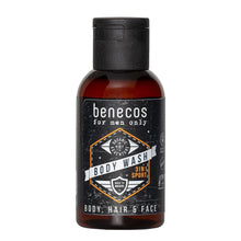 benecos for men only body wash 3 in 1 sports for body, hair and face, 50ml bottle on white background.