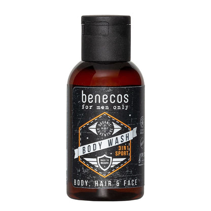 benecos for men only body wash 3 in 1 sports for body, hair and face, 50ml bottle on white background.