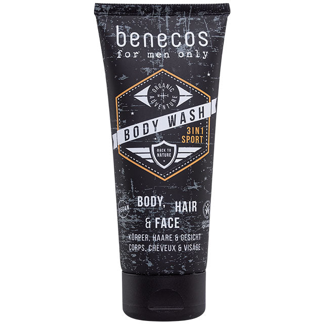 Benecos Men 3 in 1 Sport Body Wash for body, hair and face, in a blue tube