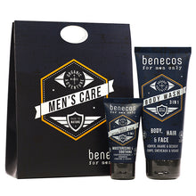 Benecos Mens Care Gift Set includes Benecos for Men Only 3 in 1 body wash and benecos for men only face and after shave balm 2 in1 . Tubes are n a Cardboard box 