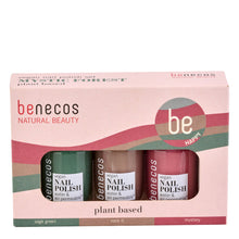 Benecos Mystic Forest Nail Polish Set, 3 nail polishes in a light pink cardboard box with a cut out showing the nail polishes, on a white background