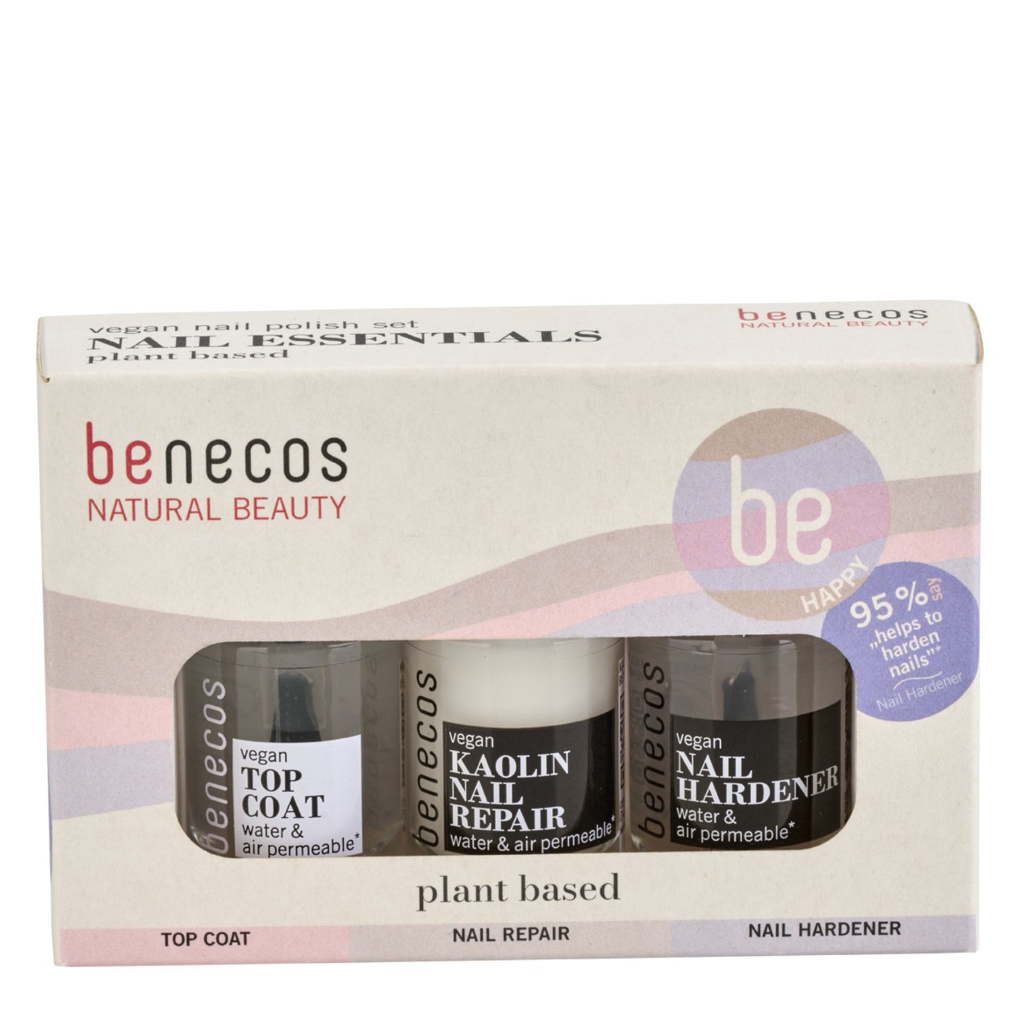 benecos natural beauty nail care set of top coat, nail repair and nail hardener set on white background