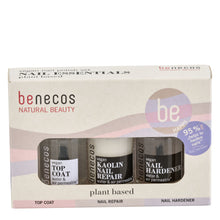 benecos natural beauty nail care set of top coat, nail repair and nail hardener set on white background