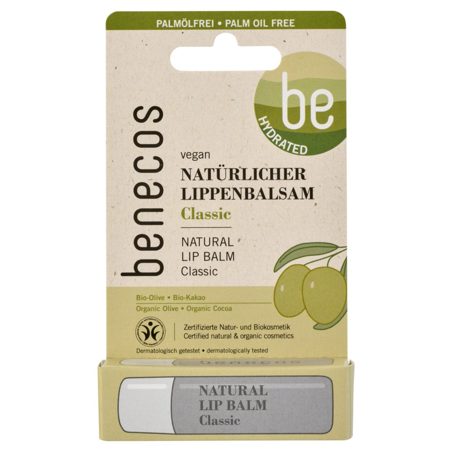 Benecos Natural Lip Balm Classic with Organic Olive Oil and Organic Cocoa Butter on a white background