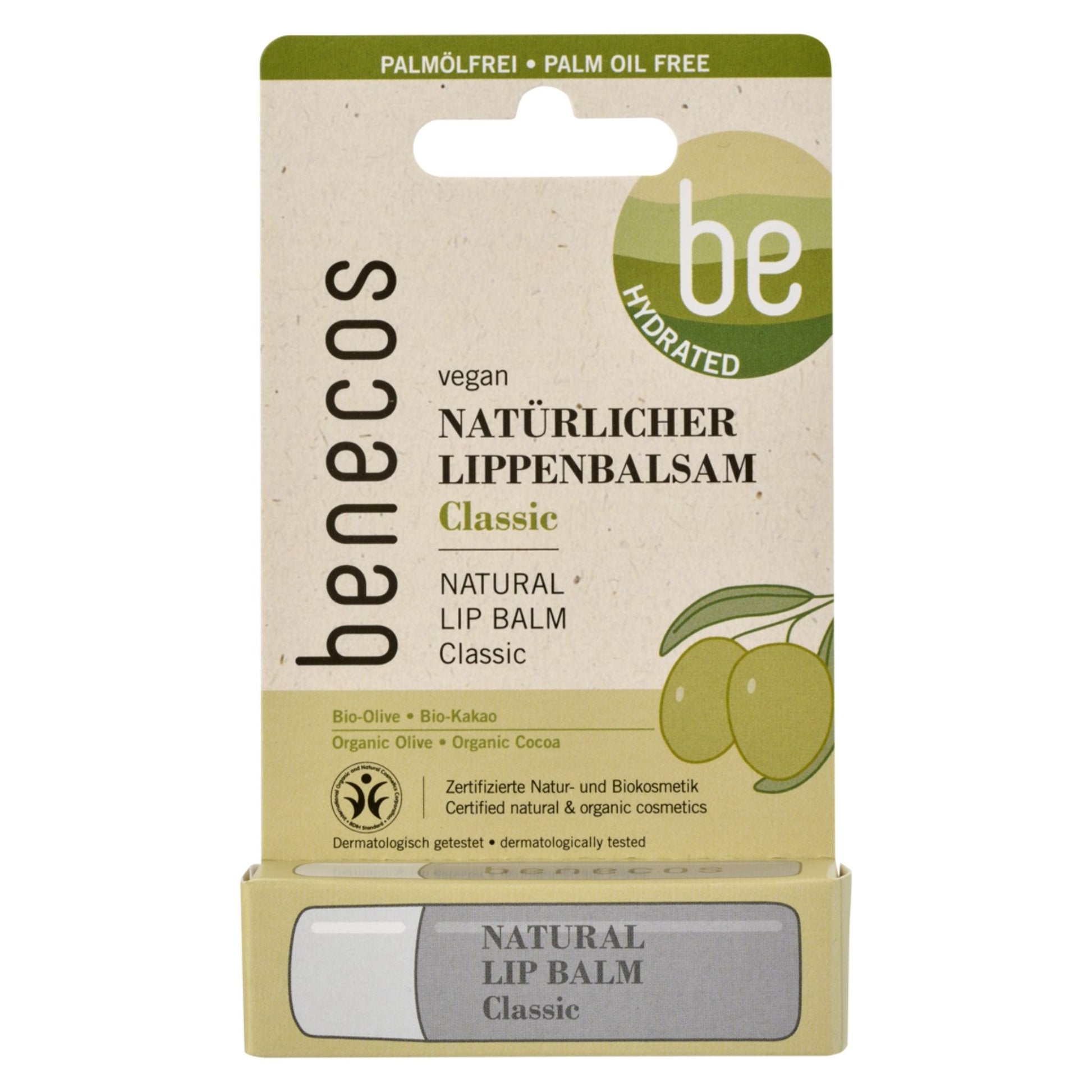 Benecos Natural Lip Balm Classic with Organic Olive Oil and Organic Cocoa Butter on a white background.